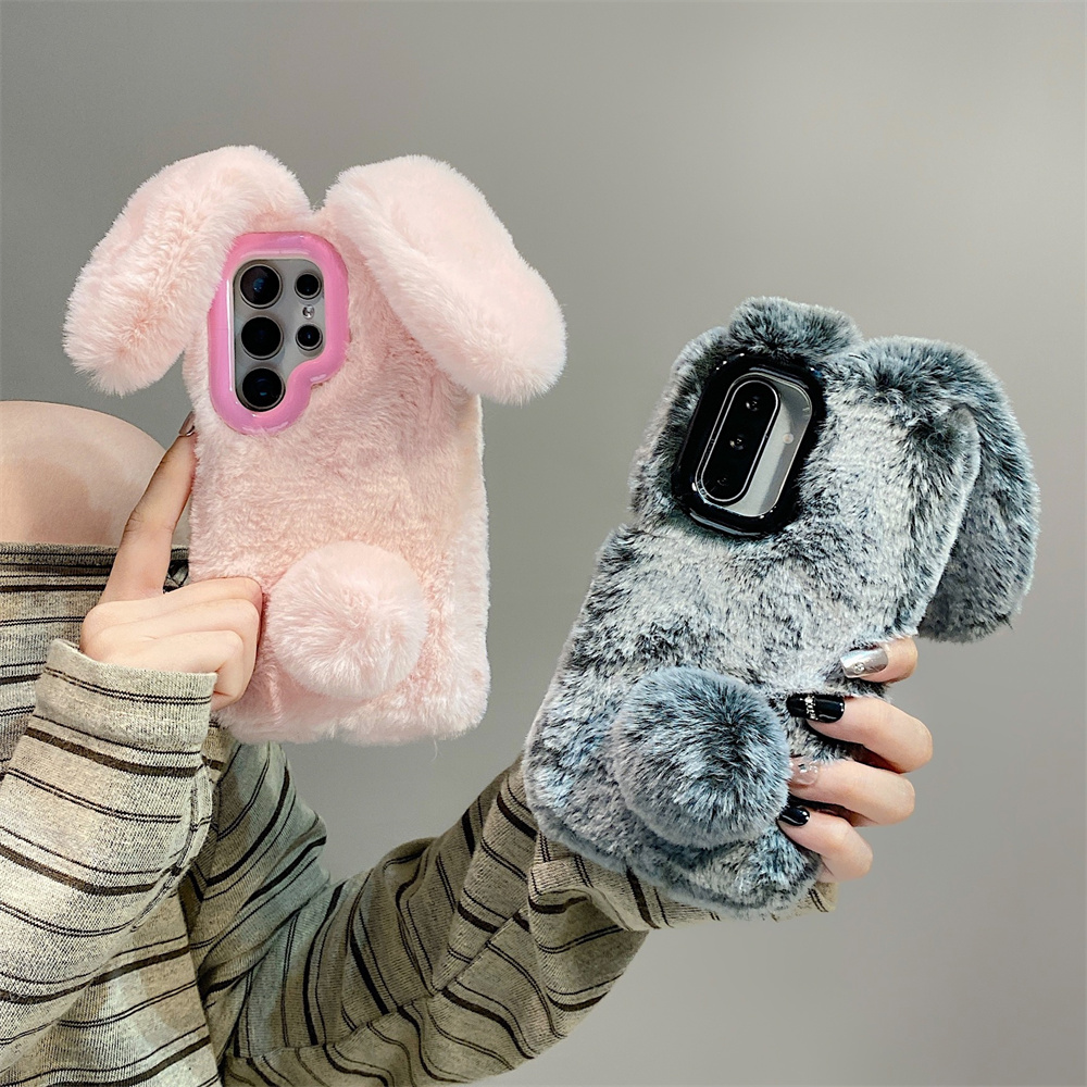 Cute Rabbit Ears Fluffy Stand  - Phone Cases That Cover The Camera のレビューと価格
