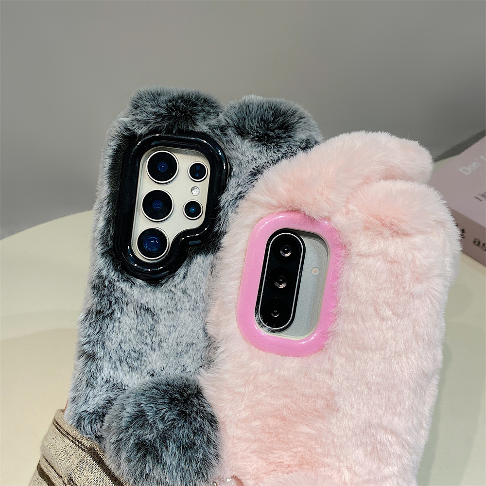 Cute Rabbit Ears Fluffy Stand  - Phone Cases That Cover The Camera のレビューと価格